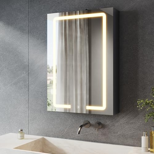 SONNI LED-spegelskåp med kosmetisk arrangör 50 x 70 cm, uttag och 3 x förstoringsspegel, 3 ljusfärger, dimbar – mörkgrå