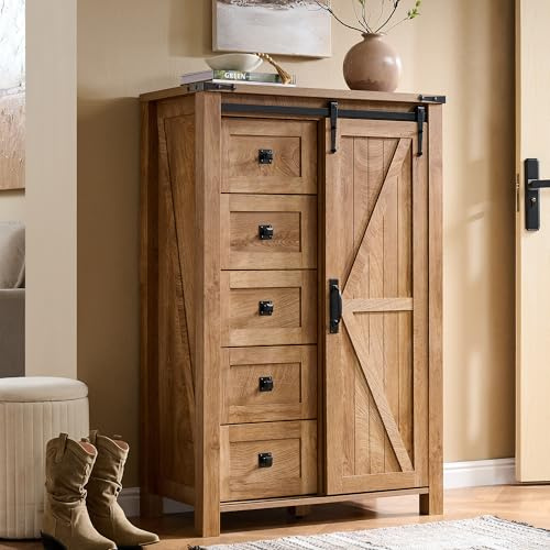 T4TREAM 5 Drawers Dresser for Bedroom w/Sliding Barn Door, Farmhouse Modern Tall Dresser 5 Chest of Drawers, Storage Organizer for Bedroom, Hallway, Living Room, Kids Room, Light Tree Knot