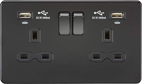 13A 2G Switched Socket, Dual USB (2.4A) with LED Charge Indicators - Matt Black
