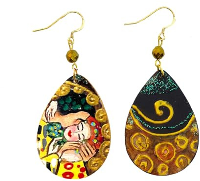 Orecchini dipinti a mano – IL BACIO DI KLIMT - Orecchini pendenti da donna, Gioielli in legno dipinti a mano, Gancio in argento, Made in Italy, Bijoux decorati, Lavorazione Artigianale, Idea regalo