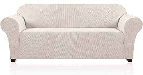 PrinceDeco Stretch Sofa Cover Slipcover Couch Covers for 3 Cushion Couch Furniture Protector Sofa Covers with Non Slip Elastic Bottom Dogs Pet Friendly Fitted (Sofa, Ivory)