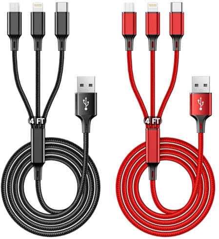 Multi Charging Cable, 4ft 2Pack Multi Phone Charger Cable Braided Universal 3 in 1 Charging Cord Extra Long Multiple USB Cable with USB C, Micro USB Port Connectors for Cell Phones and More（Red+Black)
