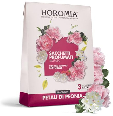 HOROMIA Sacchetti Profumati per Armadio Vestiti e Cassetti - Profumo Intenso e Duraturo fino a 12 Settimane - 3 Sacchetti Petali di Peonia