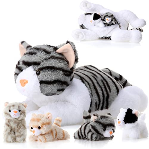 Skylety Lot de 5 chats en peluche avec bébés à l'intérieur du ventre, chat enceinte avec 4 adorables chatons en peluche moelleux, cadeaux surprise de Pâques ou d'anniversaire (gris)