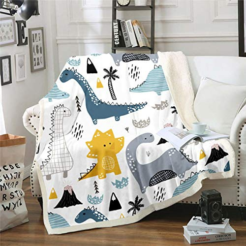 Kinder Dinosaurier Decke süßes Cartoon Dinosaurier Tier Überwurfdecke für Jungen Mädchen schöne Tierwelt Schlafzimmer Dekor Decke geometrisches Streifengitter bedruckt weiche Plüschdecke, 100 x 130