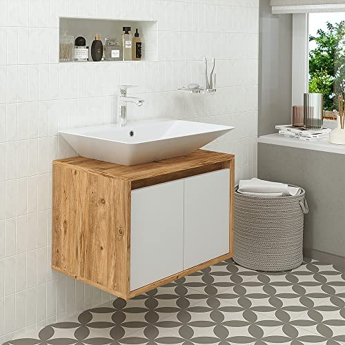 Roomart • Muebles de baño • Atlantic • Lavabo de cerámica con armario inferior de 65 cm, 85 cm, 100 cm, • Blanco - roble • roble antracita • Blanco (roble blanco, 65 cm)