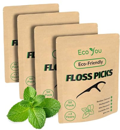 EcoYou Plettri per filo interdentale in carbone di bambù naturale, 200 pezzi (confezione da 4) | bastoncini di cera di candela e menta aromatizzati al filo interdentale | ecologici, biodegradabili