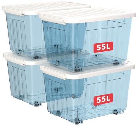 Cetomo 55L*4 Aufbewahrungsboxen, Rillen-verstärkte Kunststoffboxen mit Rollen & Deckeln, Stapelbare Aufbewahrungskiste, Ordnungsboxen für Zuhause und Büro, PP, Transparent Blau, 55L (4er Pack)