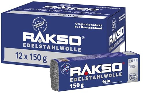 RAKSO Edelstahlwolle fein - 1,8 kg, 12 Banderolen à 150g rostfrei, hygienische Reinigung, reinigt, schleift, poliert im Nassbereich