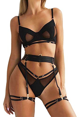 Ojostern Dessous Damen Sexy Unterwäsche für Frau Strapsen Dessous-Set Reizwäsche für Damen Outfit mit Strapsgürtel mit Strumpfband mit BH und Slip Schwarz XL