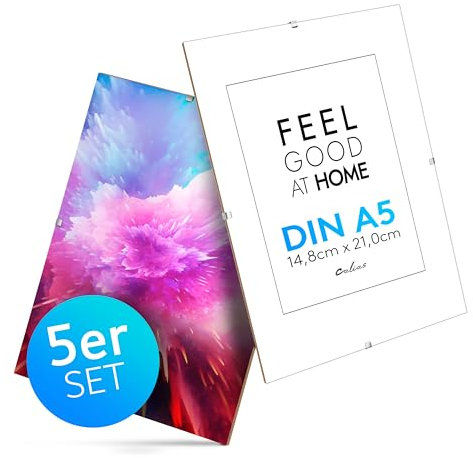 Calias® [5 STK. Rahmenloser Bilderrahmen A5 - Glasbilderrahmen mit bruchsicherem Acrylglas - Elegante Fotorahmen inkl. Aufsteller und Aufhängung - Hochwertige Cliprahmen Made in EU