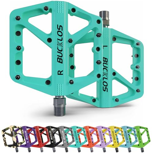 BUCKLOS Mountain Bike Pedals MTB Pedals Flat, Adult Bicycle Road Bike Large Platform Nylon Non-Slip Pedal for Gravel Bike/Hybrid Bike 9/16（Green）