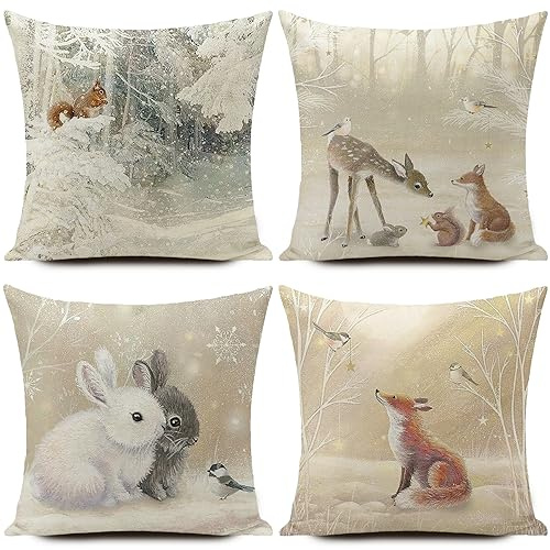 HUASHUZI Christmas Cushion Covers Winter Wonderland Decorations Xmas Throw Pillow Cover Animal Rabbit Fox Squirrel Deer Set of 4 Decor for Party Family For Home Sofa Livingroom 18x18 Inch (45x45cm)
