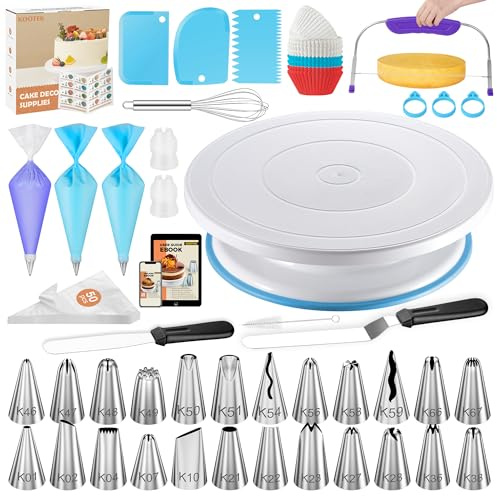 Kootek 140-teiliges Kuchendekorationsset, Backzubehör mit Tortenständer, Spritzbeutel und Spitzen, Kuchen-Nivellierer, Zuckerguss-Spatel und mehr Zubehör für Kuchen-Cupcake-Dekorationen