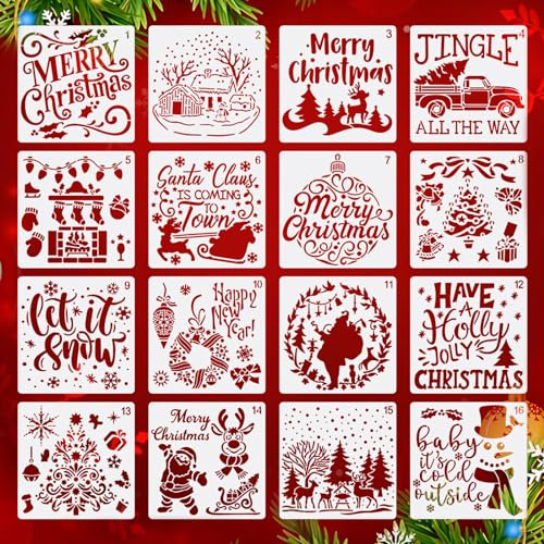 16 Stück Schablone Weihnachten, Schablonen Kinder, Schablonen Vintage, Malschablonen Kinder, Schneespray Fenster Schablone, Schneespray Schablone, Kunststoff Weihnachtsschablonen (15 X 15cm)