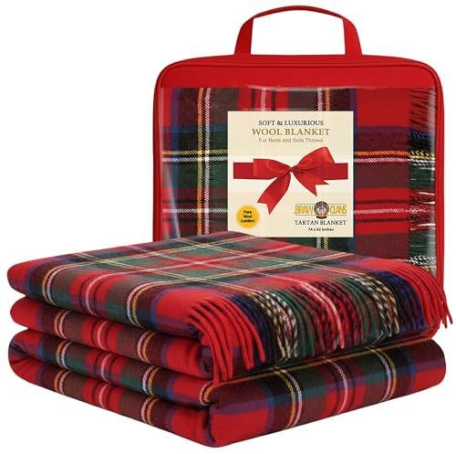 100% Pure Wool Tartan Blankets for beds, Sofa throws - Royal Stewart Tartan - warm large size 74x62 Inches, Fringed edges - Scottish plaid check Soft Cozy Rug - Mothers day, Wedding gifts