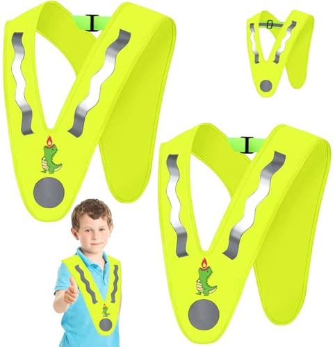 YOUYIKE 2 Pezzi Giubbotto di Sicurezza per Bambini, Gilet di Sicurezza a V, Dino Gilet Alta visibilità Bambini, Gilet di Sicurezza per Bambini con Banda Elastica, per Corsa, Ciclismo, All'aperto