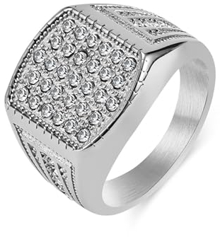 Edelstahl Herren Ring, Herren Ringe Silber Hip Hop 16Mm Zirkonia Zircon Ring Ringe für Herren Männer Größe 60 (19.1)