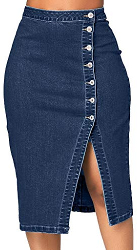 Jupe en jean longue pour femme - Avec fente - Longueur genou - Jupe crayon évasée - Jupe midi élégante - Avec boutons - Jupe d'été - Longueur genou - Jupe en jean extensible - Jupe de fête - Jupe