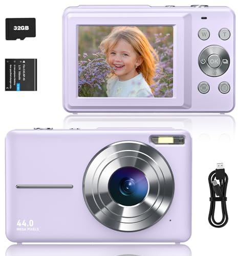 Sevenat Digitalkamera FHD 1080P 44MP Fotokamera Fotoapparat Digitalkamera mit 32G Karte 16X Digitalzoom Kompakt Einfache Tragbare Digital Kamera für Kinder Senioren Mädchen Anfänger Teenager(Lila)