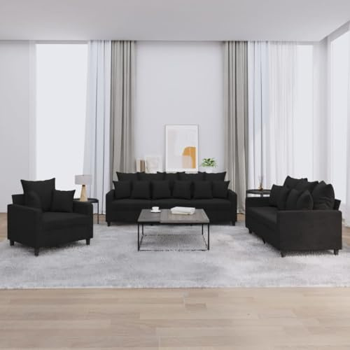 Willood 3-TLG. Sofagarnitur mit Kissen Schwarz Samt,Sofa geeignet für Wohnzimmer, Sofa Set, mit Armlehnen und Kissen