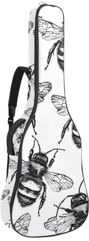 Gitarrentasche für Akustikgitarre mit zwei Taschen, handbemalt, schwarz-weiße Biene, wasserabweisend, doppelt verstellbarer Schultergurt, Gitarrentasche, Handbemalte schwarz-weiße Biene, 42.9x16.9x4.7