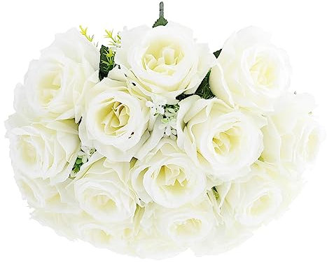 OFFSCH Bouquet di Fiori Artificiali per Cimitero in Seta, 18 Teste di Rose Finti Color Crema, Decorazione Commemorativa Resistente e Salvaspazio per Tombe Funerali e Lutti