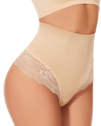 SURE YOU LIKE Mid Waisted Tummy Control Thong Shapewear For Women Shaping Underwear Lace String, Beige, M