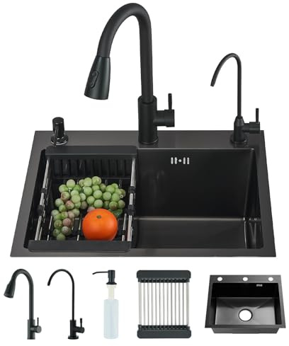 TVTIUO Fregadero de Cocina de Acero Inoxidable con Grifos Extraíbles y Dispensador de Jabón, Fregadero de Cocina de Acero Inoxidable Negro (55cmX45cm)