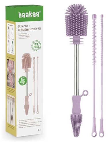 haakaa Silicone Baby Bottle Brush Set for Breast Pumps and Straws, Lavender | Silicone Bottle Brush and Two Straw Brushes for Baby Bottles, Pump Parts, Milk Collectors and Teats