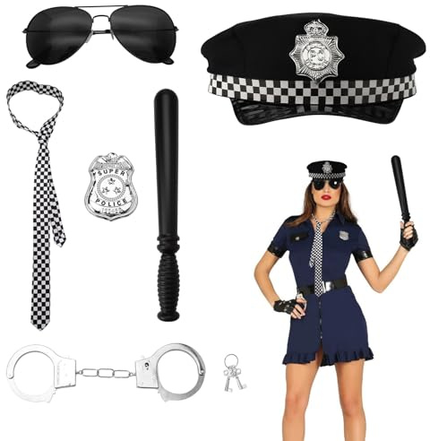 UOCAI Disfraz de policía para niños y adultos, 6 unidades, disfraz de policía para mujer y hombre, con esposas, gorro de policía, marca de policía, disfraz de Halloween