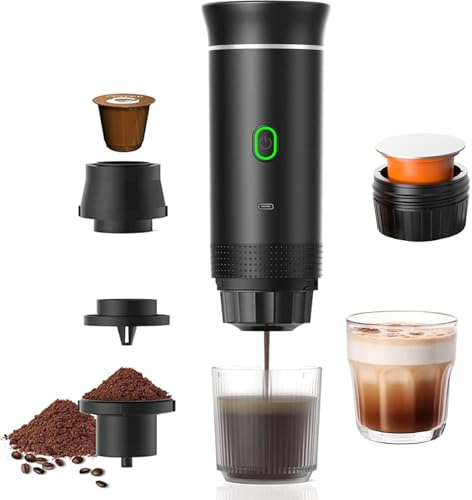 Akku Kaffeemaschine To Go – Tragbare Espressomaschine 3-in-1 mit Selbstheizung, Portable Kaffeemaschine für Auto Camping Reise Büro, USB-C Wiederaufladbar Kompatibel mit Kapseln & Kaffeepulver