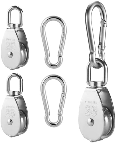 GmeDhc 25MM Polea Carrucola, 2 Piezas Poleas Acero Inoxidable con 2 Piezas Mosquetón - Carga 150kg, para Cuerdas Uso Interior y Exterior
