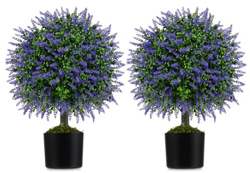 RELAX4LIFE Set di 2 Alberi di Lavanda Artificiale, Pianta Finta con 2 Sfere Decorativa in Vaso Riempito di Cemento per Interni ed Esterni