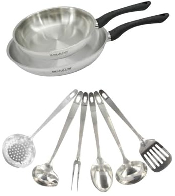 Fackelmann Set 2 poêles inox 24 et 28 cm avec 6 ustensiles inox induction | Cuisson maîtrisée sans revêtement, 2 poêles 24 et 28 cm, Inox 18/8, Tous feux dont induction, 6 ustensiles en inox, Sans PFAS