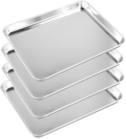 CHIHEUNG 4PCS Small Baking Tray, Stainless Steel Oven Tray, Rectangle Cake Tin Baking Sheets for Roasting, Serving, Cooking, Cakes, Cookies, 23.5 x 17.5 x 2.5 cm, Silver