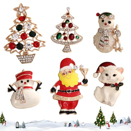 Weihnachtsbrosche Set, 6-teilig mit Weihnachtsmann, Schneemann, Rentier, Glocke - Festlicher Schmuck für Weihnachtskleid, Geschenk & Deko
