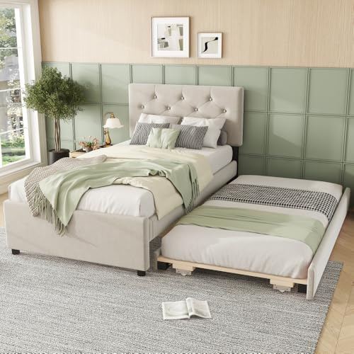 Wyibwy Cama acolchada de 90 x 200 cm con cama extraíble, cama individual con cama extraíble y somier de láminas, tejido de terciopelo, para adultos e invitados, sin colchón, minimalista, beige