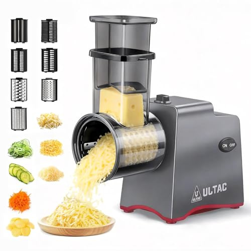 ULTAC Cheese Grater Electric, Electric Grater 250W for Block Cheese with 7 Different Blades, Electric Cheese Shredder, Electric Salad Maker with Cleaning Brush for Fruits, Vegetables