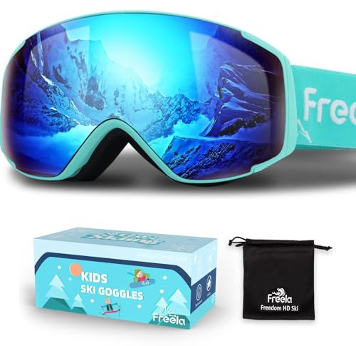 Freela Gafas de esquí, snowboard, esquí, equipo de nieve, antivaho, protección UV, espejo transparente, lente ancha, gafas deportivas de nieve para invierno, para niños pequeños, niñas, niños