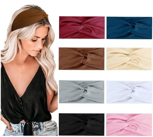 Haarbänder Damen Breite Stirnband Sommer Elastische Weiche Haarband Gestrickt Design, Yoga Sport Workout Haarband Mehrfarbig Stirnbänder 8PCS