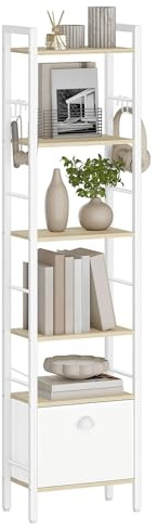 Hzuaneri Regal 6-Fach m. Schublade & Haken, 24 x 40 x 173 cm, Weißeiche | Bücherregal, offenes Regal, Metallrahmen, klappbare Stoffschublade, Haken, für Arbeitszimmer Wohnzimmer, BC40616W