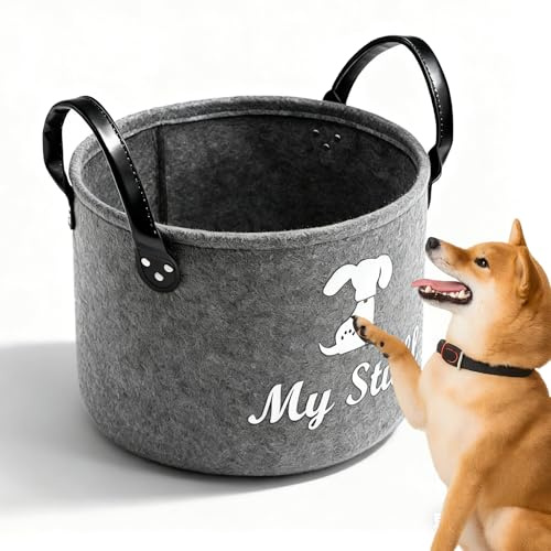 MHYMX Hundespielzeug Aufbewahrung, Filz Spielzeug Aufbewahrungsbox Welpen Sachen Aufbewahrungskorb mit Griffen Rund Faltbare Haustier Spielzeug Korb für Tierbedarf Hundekleidung und Zubehör