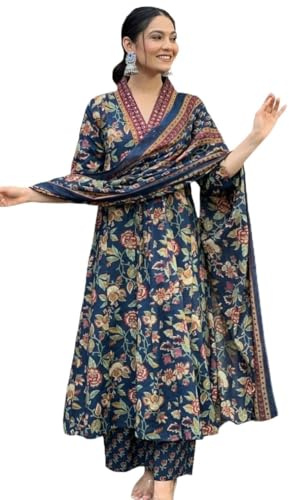 ISHKRATI Women's Floral Printed Rayon Anarkali Suit Set with Dupatta & Pants – Elegant Ethnic & Festive Wear (US, Alpha, Large, Regular, Regular, Blue)