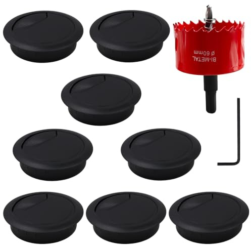 Kabeldurchführung Set 60mm mit 8 Stück Kabeldurchführung und 1 Stück Sechskant Adapter für Schreibtisch, Lochsägen Bohrer Set, Kabeldurchlass für Tischmontage, Lochkreissäge und Kabelauslassdose
