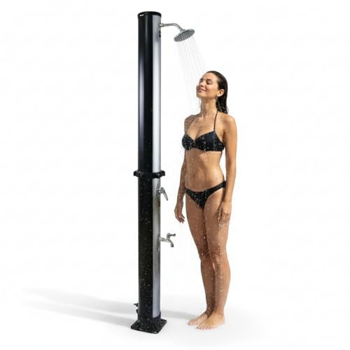 Mucola Solardusche Gartendusche mit Mischbatterie 20 Liter 218 cm Silber | Verchromter Regenduschkopf, Kugelgelenk, UV-beständiges PVC, max. 3,5 bar, Bodenplatte, Campingdusche, Outdoor, Außendusche
