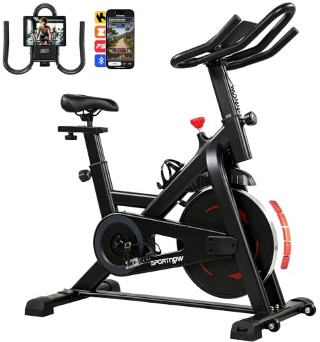 SPORTNOW Vélo d'Appartement avec Résistance Réglable, Velo d Appartement Silencieux, APP Connectez via Bluetooth, Écran LCD, Siège et Guidon Réglables, Support pour Téléphone, Charge 120 kg, Noir