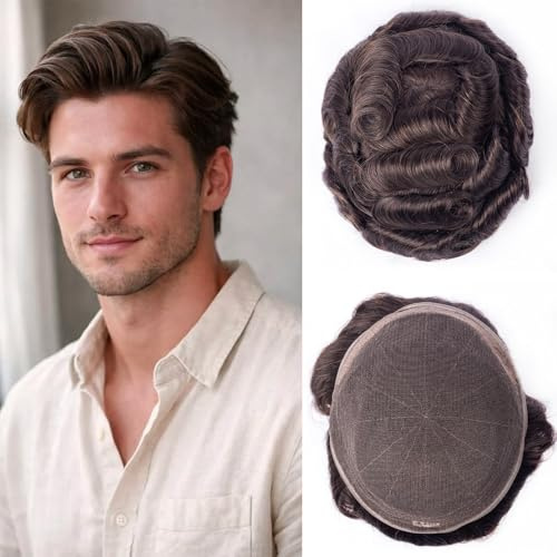 Men's 8‑10Inch Full Lace Toupee,100% Real Human Hair System,100‑120% Density Bleached Knots Hair Piece (#2 Darkest Brown)