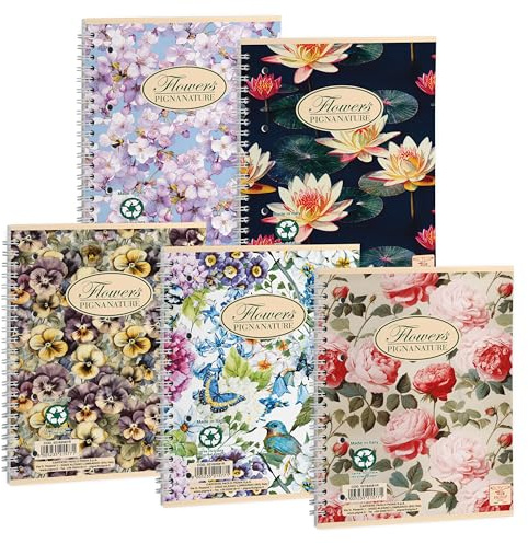 Pigna, Confezione 5 Quaderni Spiralati Nature Flowers,carta riciclata 80gr, A5 , con 4 fori e microperforazione, interno 5M,quadretti 5mm
