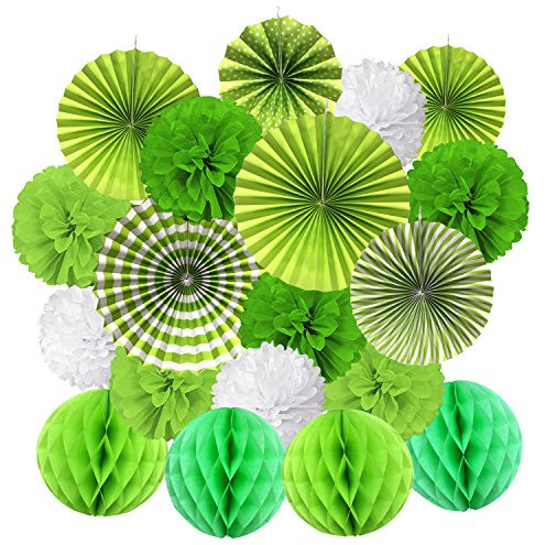 ZERODECO Green Party Decorations, Hanging Paper Fan Set Tissue Paper Pom Poms Flower Fan and Honeycomb Balls for Birthday Baby Shower Wedding Festival Decoration
